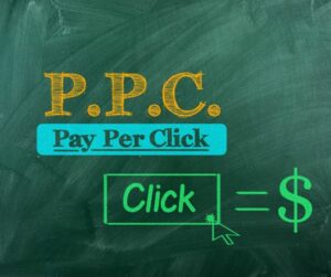 An illustration of a green chalkboard with a diagram that demonstrates how each click in a Pay Per Click ad costs money.