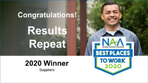 a graphic congratulating Results Repeat on being a 2020 NAA Best Place To Work