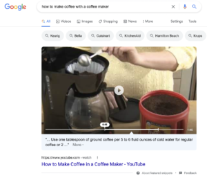 A screenshot of a Featured Snippet Video on how to make coffee with a coffee maker