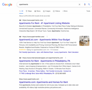 Search engine results page for apartments with top results being advertisements