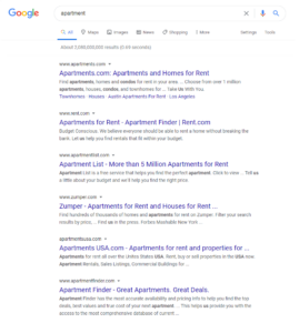 search engine results page for the keyword apartments