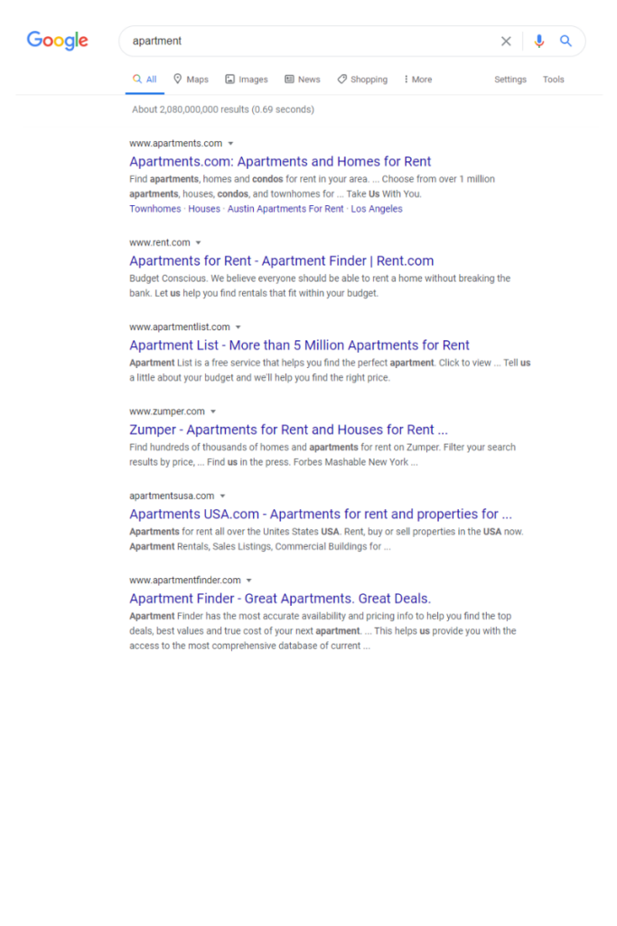 Search engine results page for the keyword apartments.