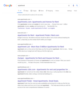 Search engine results page for the keyword apartments.