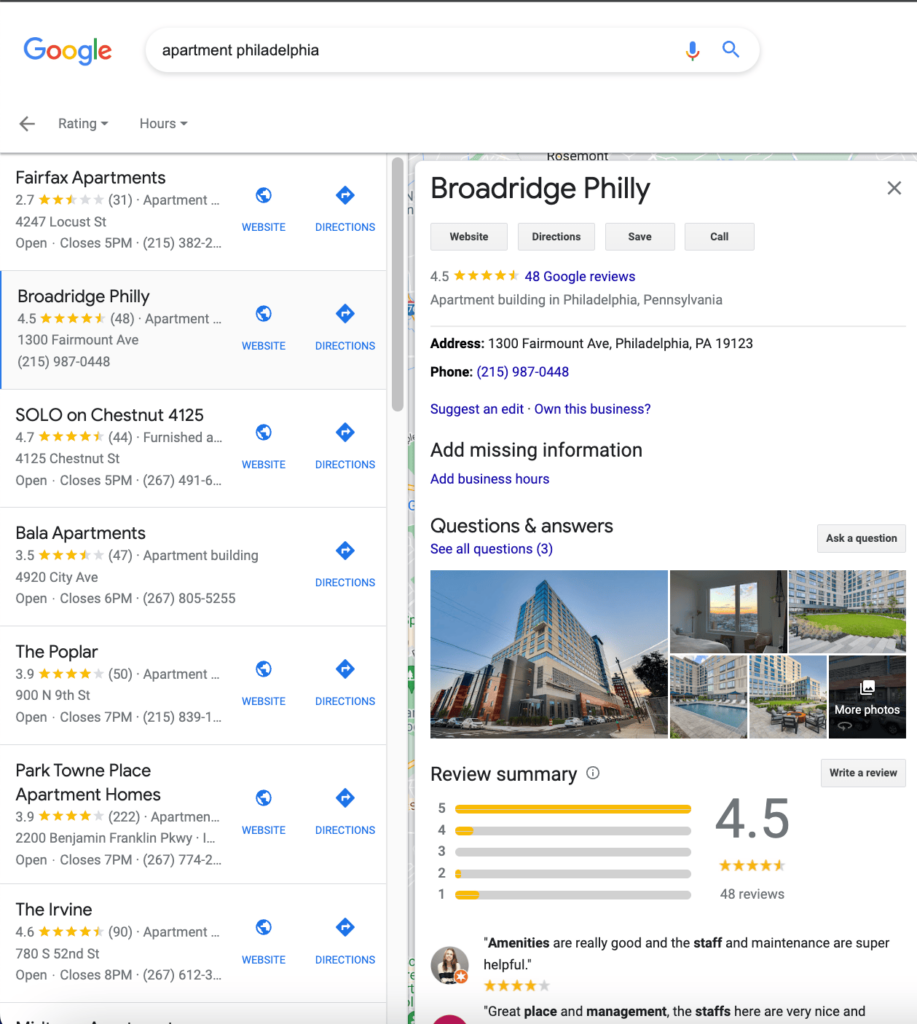 Snapshot of a Google Business Profile page featured in a search engine results page on Google Maps. 