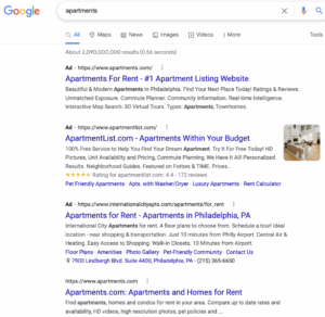 search engine results page for apartments with top results being advertisements