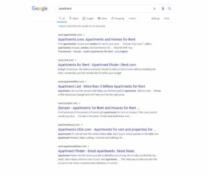 Search engine results page for the keyword apartments