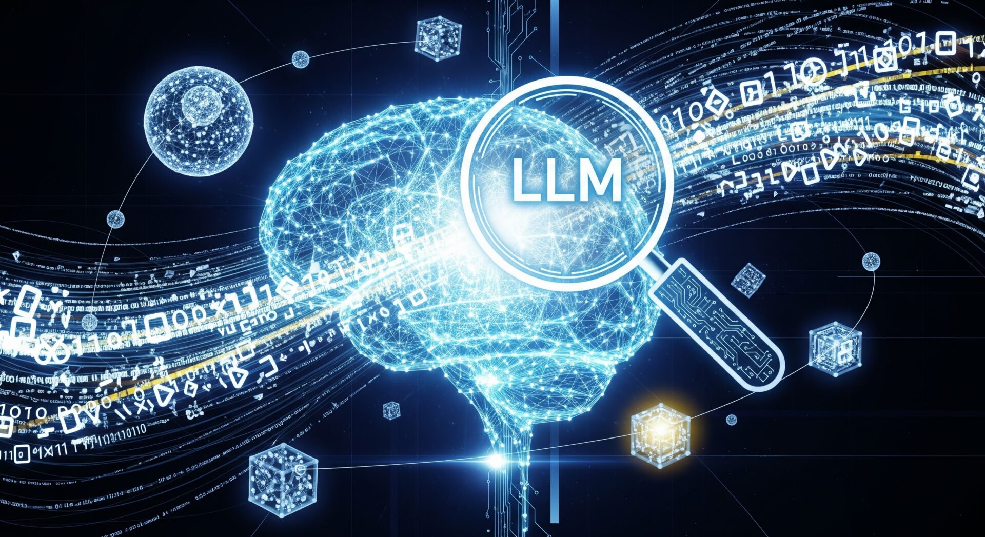 Graphic of a human brain with the letters LLM included.